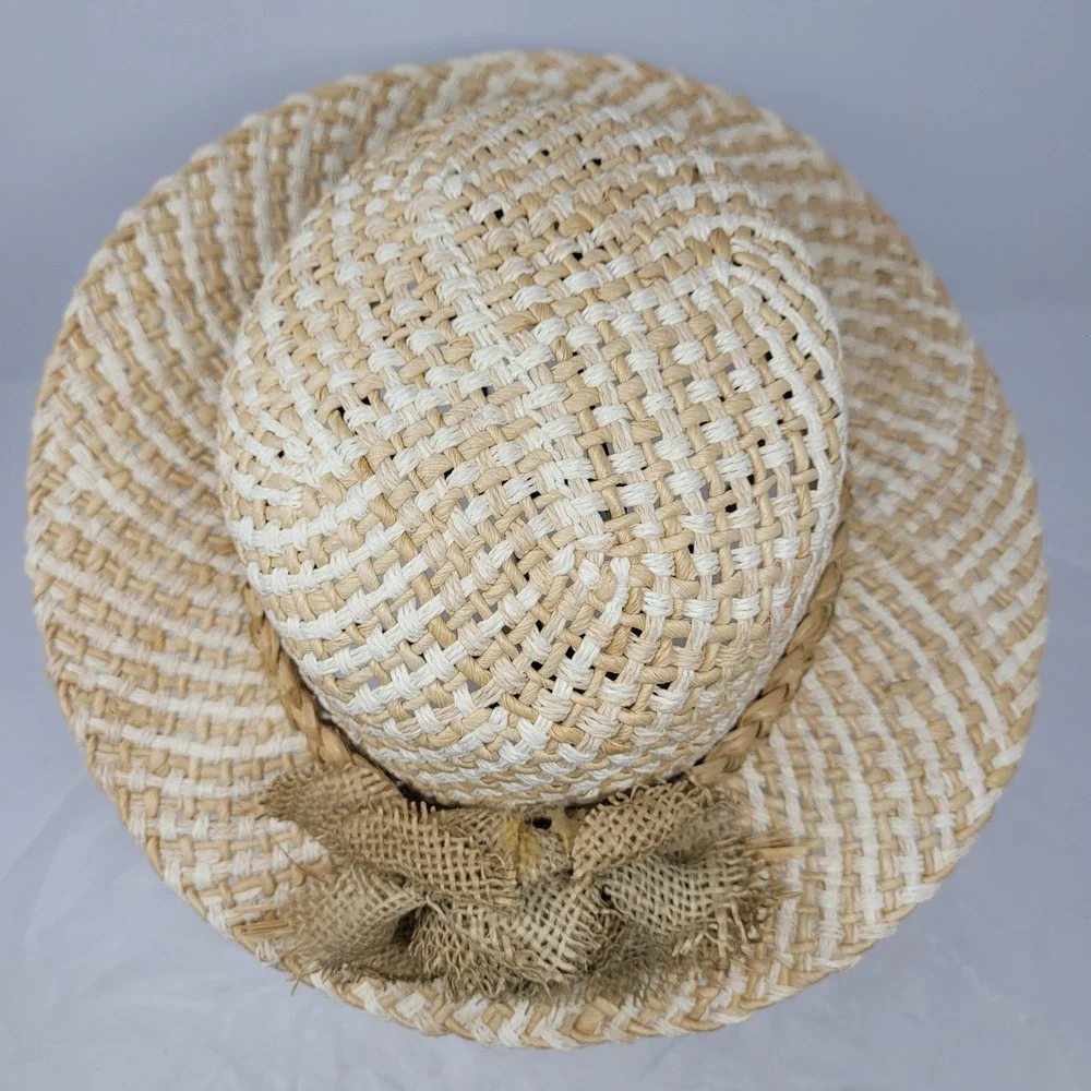 Vtg Cottage Core Straw Weaved Sun Hat Cream Beige Checked‎ Burlap Flower Braided